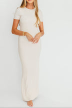The Charlie Ribbed Maxi Dress in Light Peach - Bump Friendly
