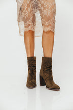 Obsession Bootie in Olive Suede