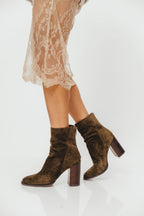 Obsession Bootie in Olive Suede