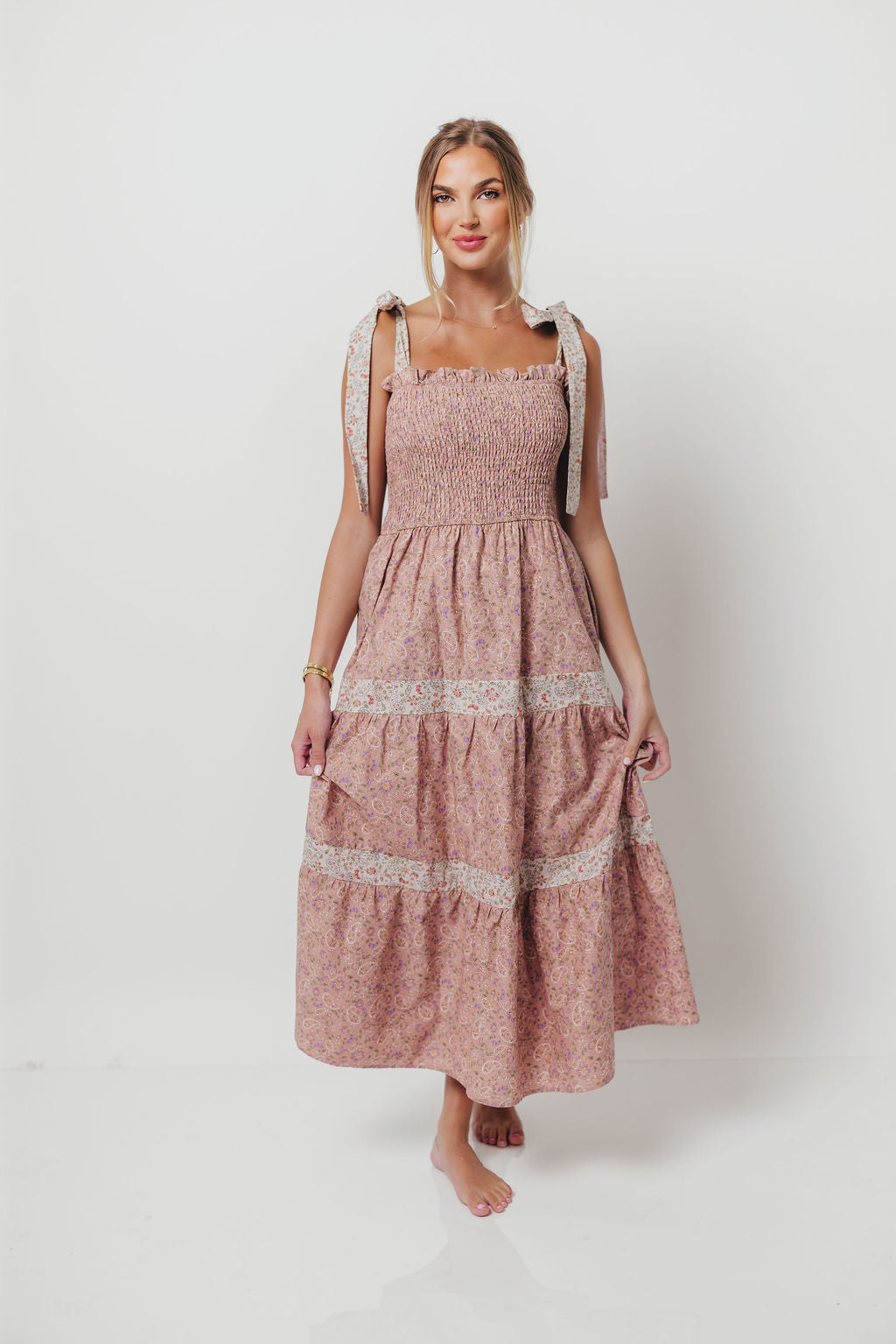 Paisley Tiered Midi Dress in Nude Pink