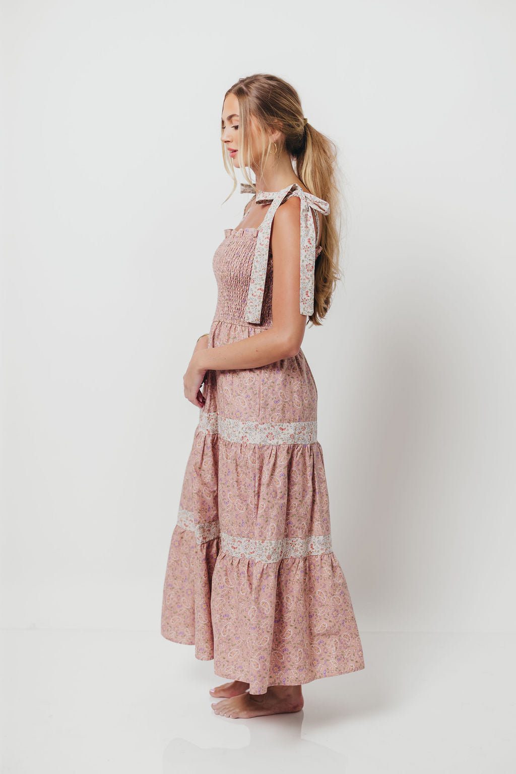 Paisley Tiered Midi Dress in Nude Pink