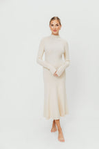 Hope Mock Neck Long Sleeve Rib Knit Flared Midi Dress in Cream