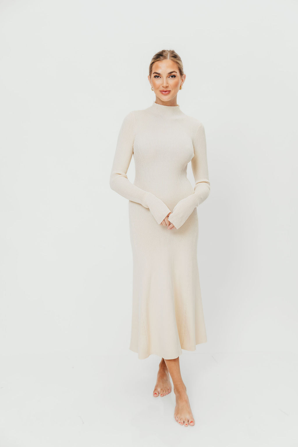 Hope Mock Neck Long Sleeve Rib Knit Flared Midi Dress in Cream