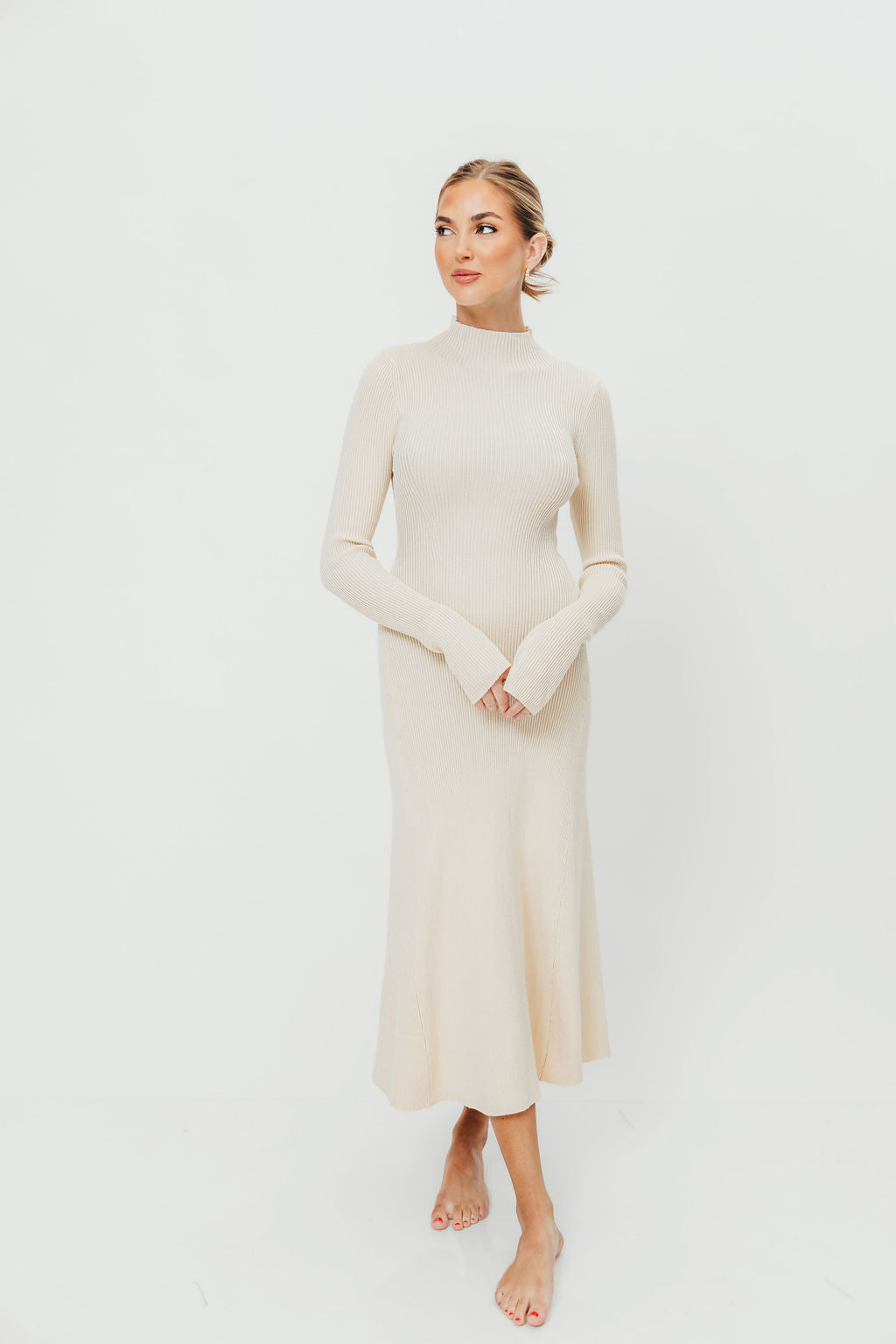 Hope Mock Neck Long Sleeve Rib Knit Flared Midi Dress in Cream