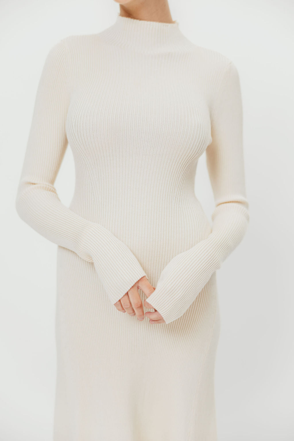 Hope Mock Neck Long Sleeve Rib Knit Flared Midi Dress in Cream