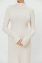 Hope Mock Neck Long Sleeve Rib Knit Flared Midi Dress in Cream