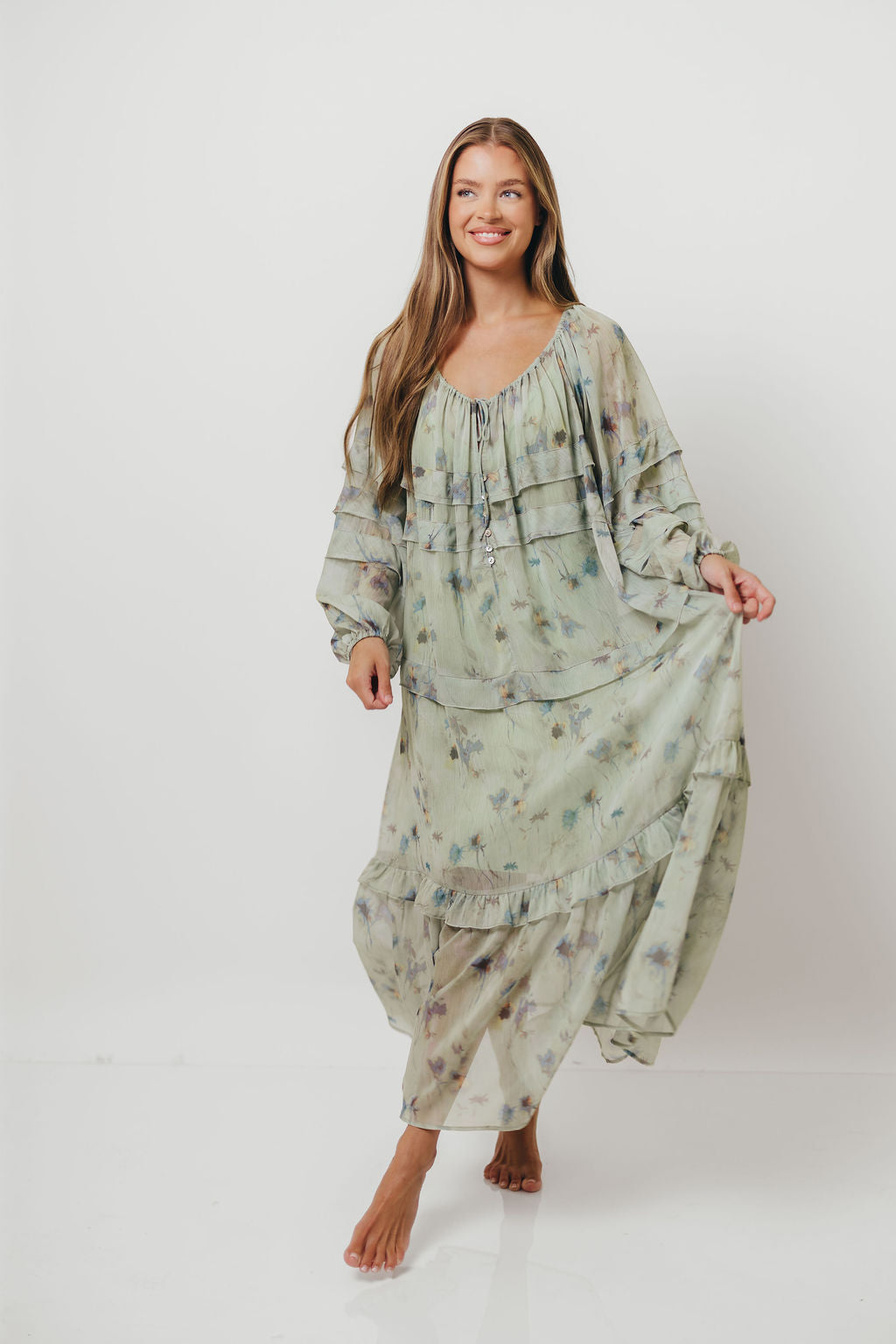 Wildwood Ruffled Maxi Dress in Sage Multi with Detachable Liner *Final Sale*