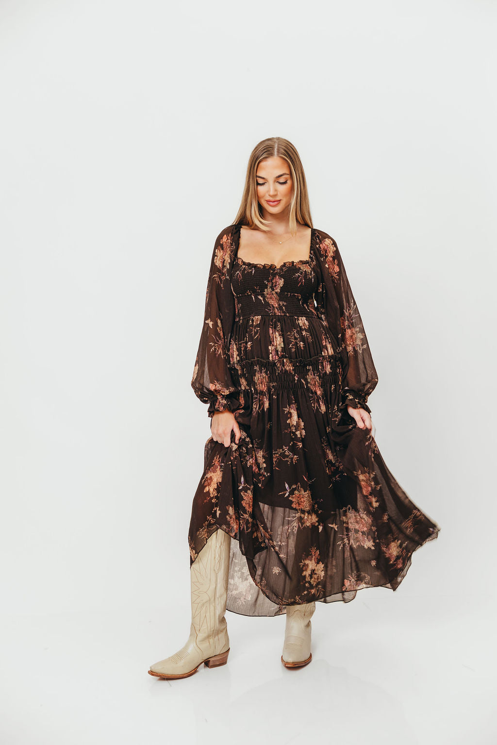 Camila Floral Chiffon Midi Dress in Espresso