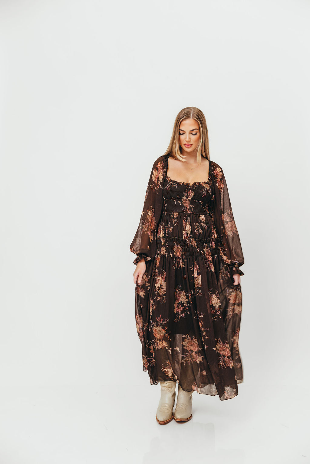 Camila Floral Chiffon Midi Dress in Espresso