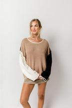 Kit Colorblock Knit Rolled-Edge Sweater in Taupe/Black *Final Sale*