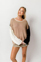 Kit Colorblock Knit Rolled-Edge Sweater in Taupe/Black *Final Sale*