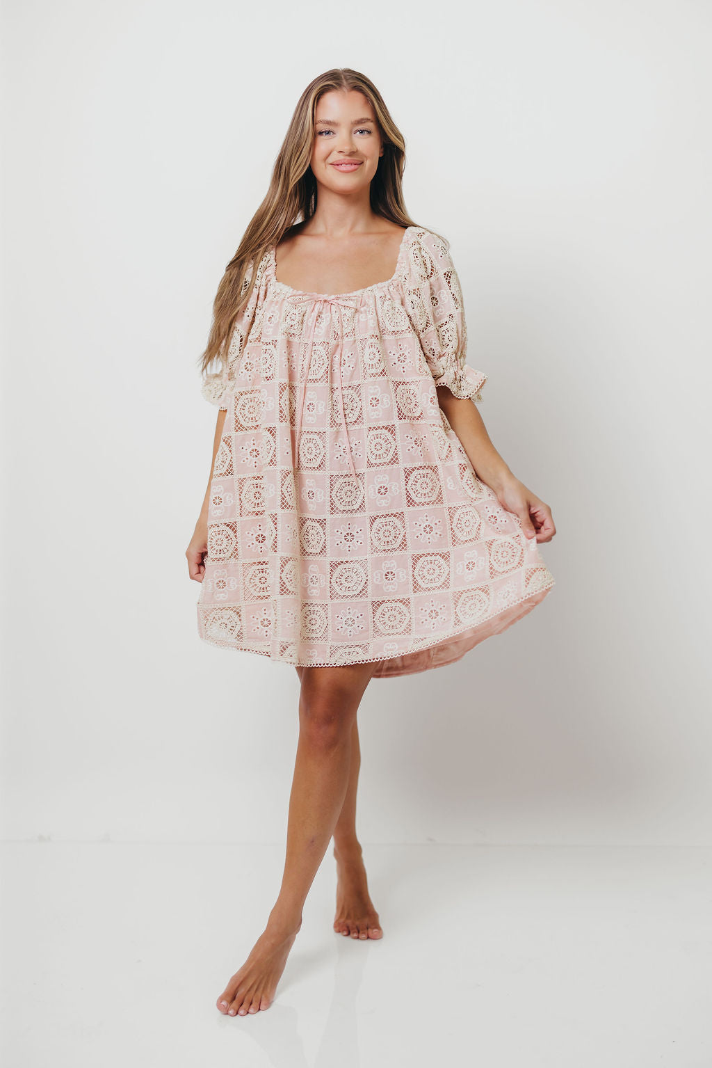 Georgette 100% Cotton Embroidered Mini Dress in Pink