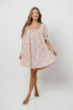 Georgette 100% Cotton Embroidered Mini Dress in Pink