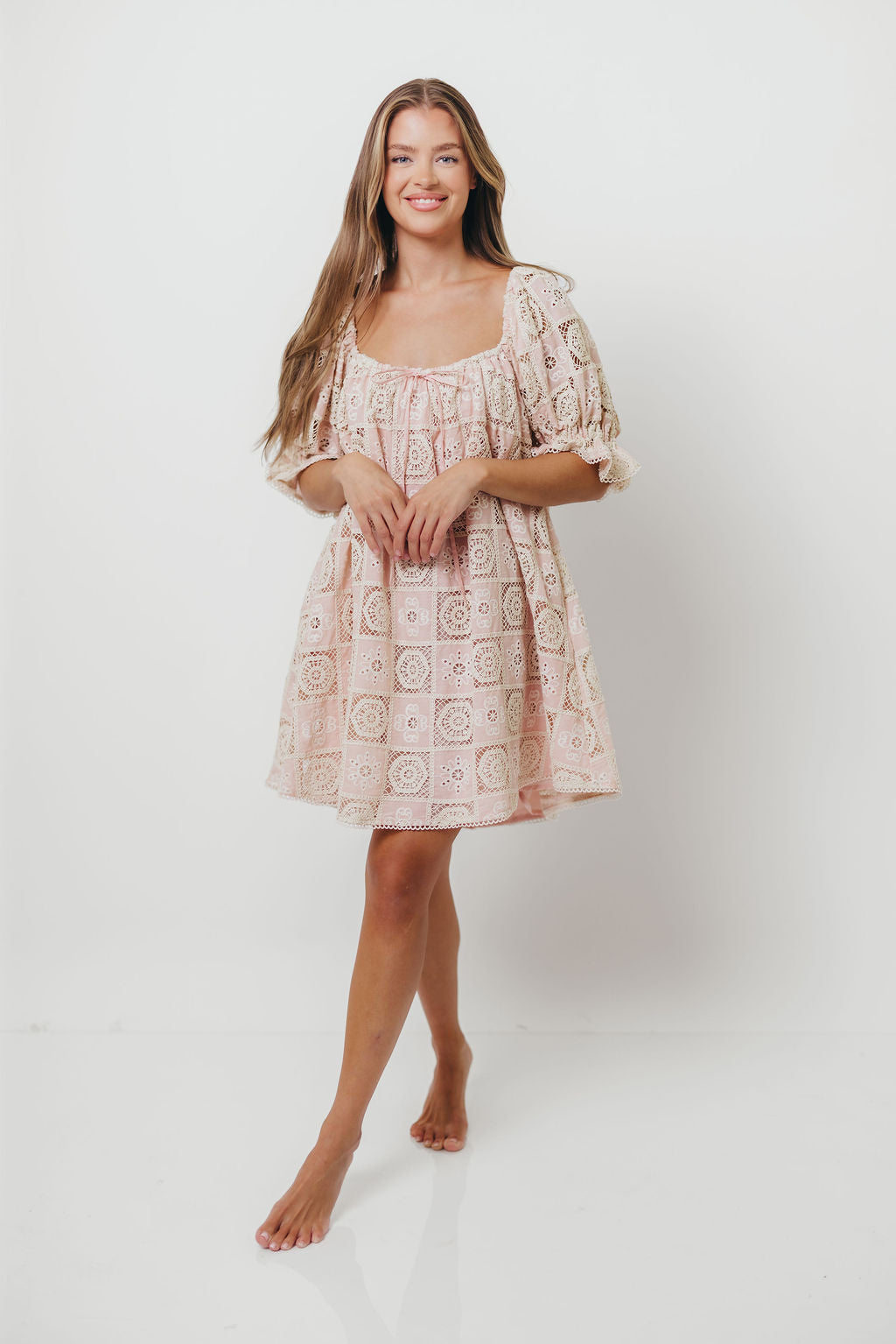 Georgette 100% Cotton Embroidered Mini Dress in Pink