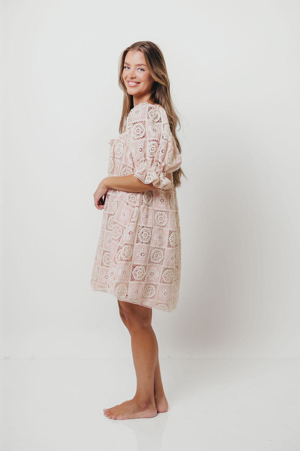 Georgette 100% Cotton Embroidered Mini Dress in Pink