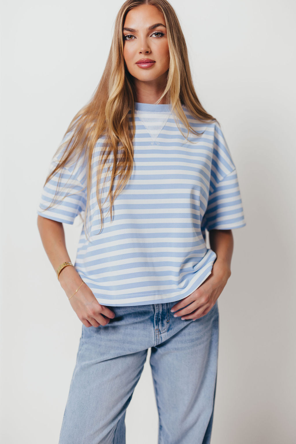 Izzy Striped French Terry Boxy Top in Sky/White