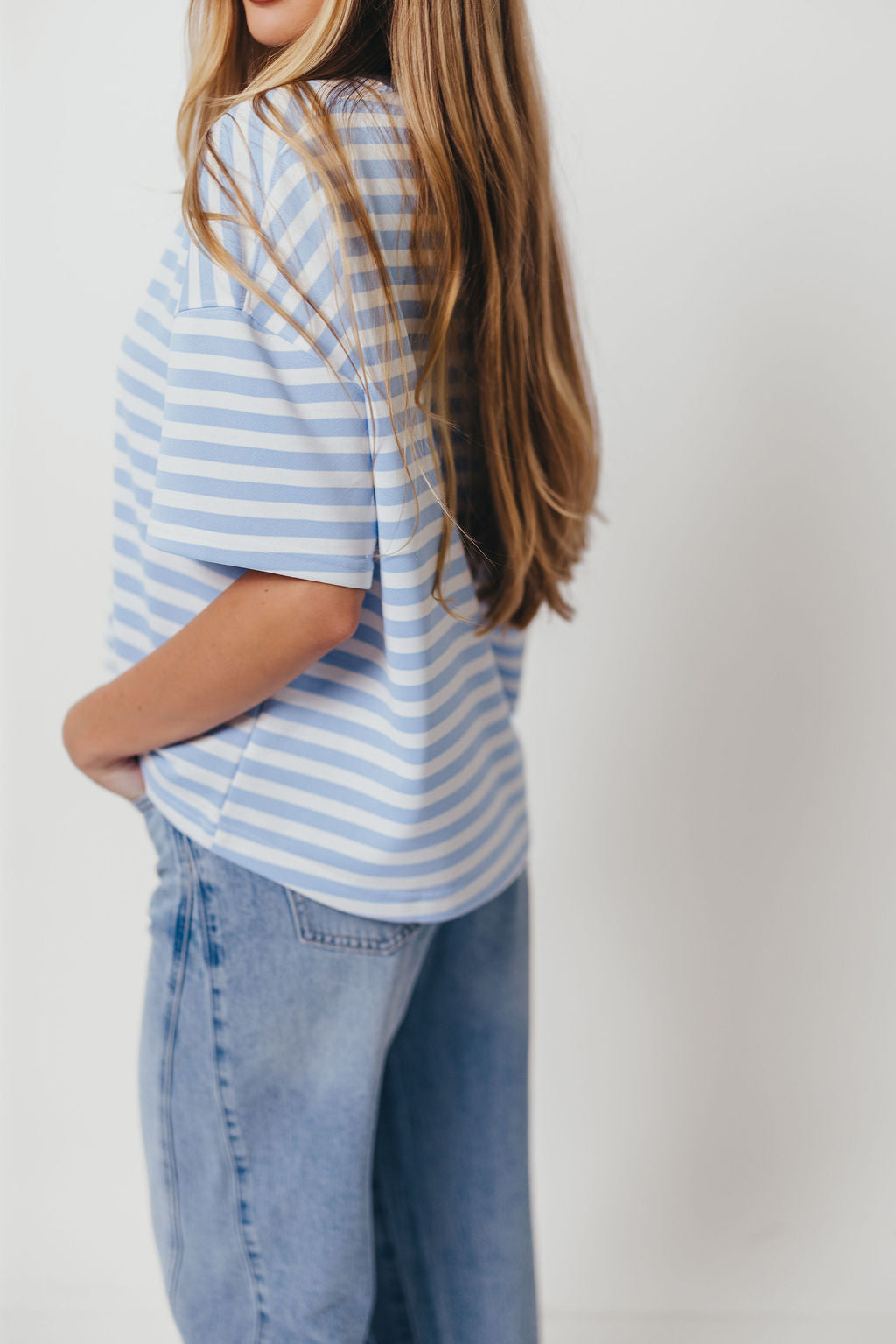 Izzy Striped French Terry Boxy Top in Sky/White