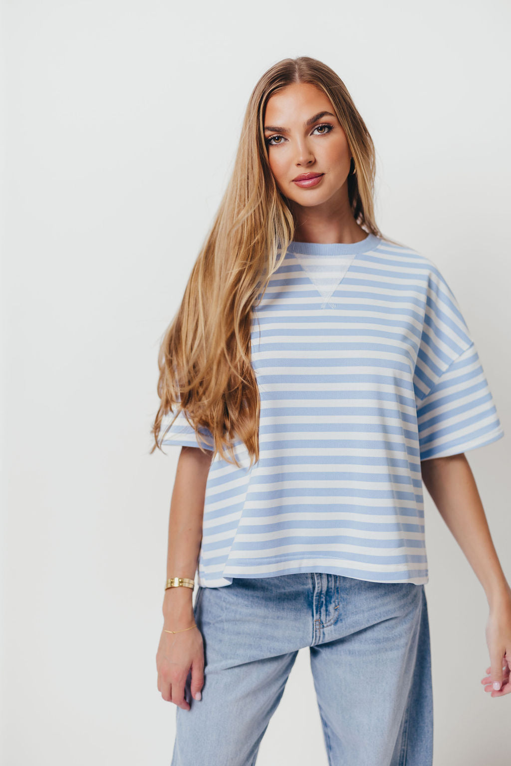 Izzy Striped French Terry Boxy Top in Sky/White