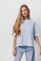 Izzy Striped French Terry Boxy Top in Sky/White