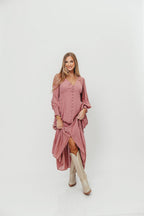 Kathani Swiss Dot Button Down Maxi Dress in Rose Tea