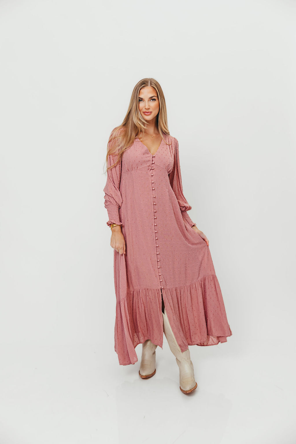 Kathani Swiss Dot Button Down Maxi Dress in Rose Tea