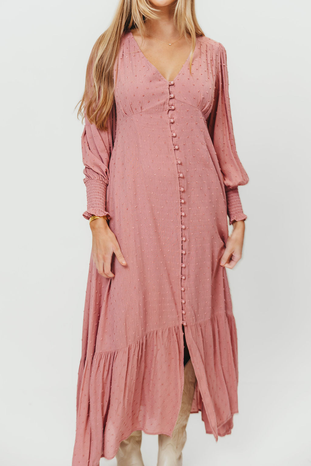 Kathani Swiss Dot Button Down Maxi Dress in Rose Tea