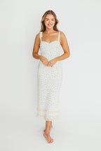 Maddie Tie Strap Ruffled Midi Dress in Ivory