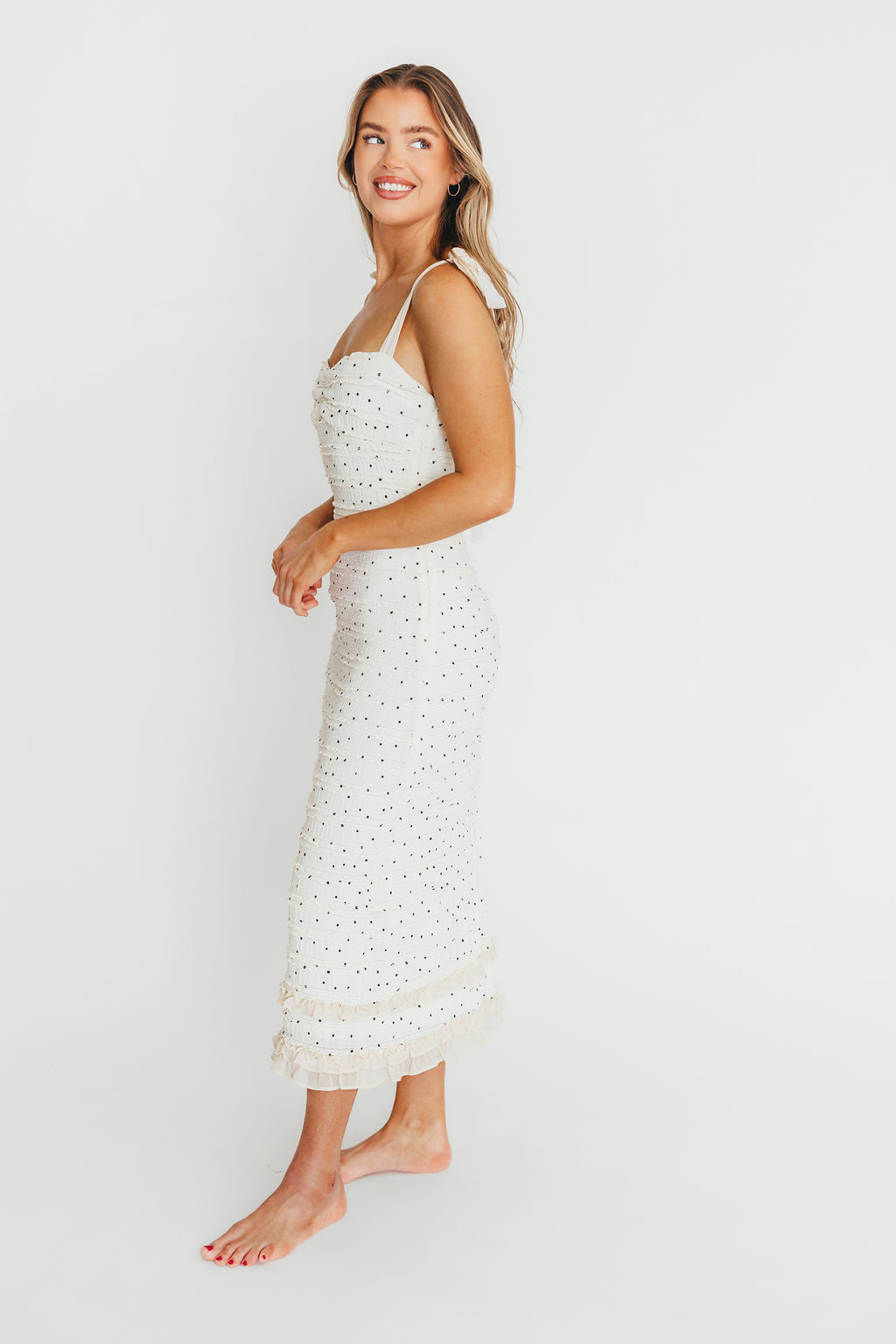 Maddie Tie Strap Ruffled Midi Dress in Ivory
