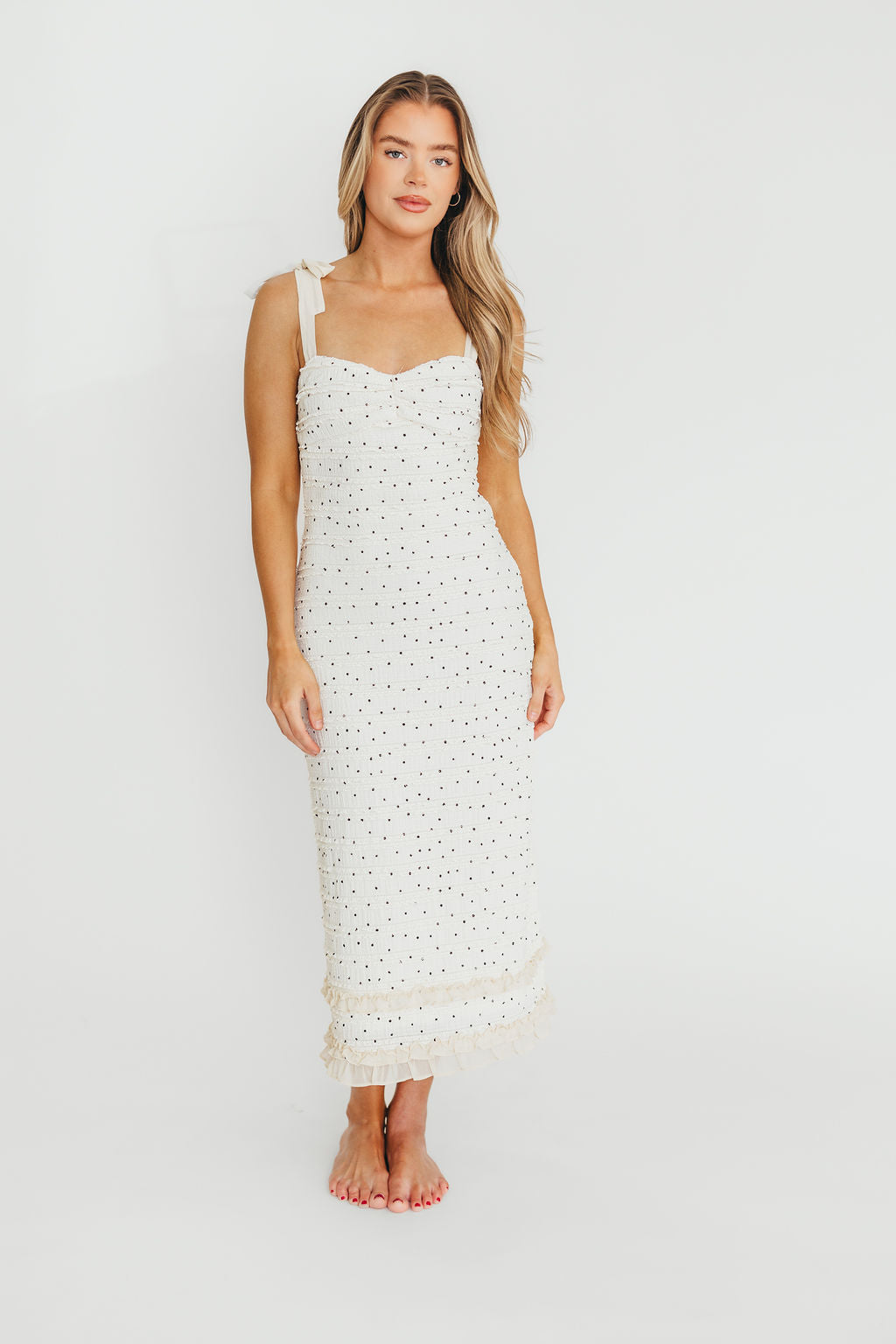 Maddie Tie Strap Ruffled Midi Dress in Ivory