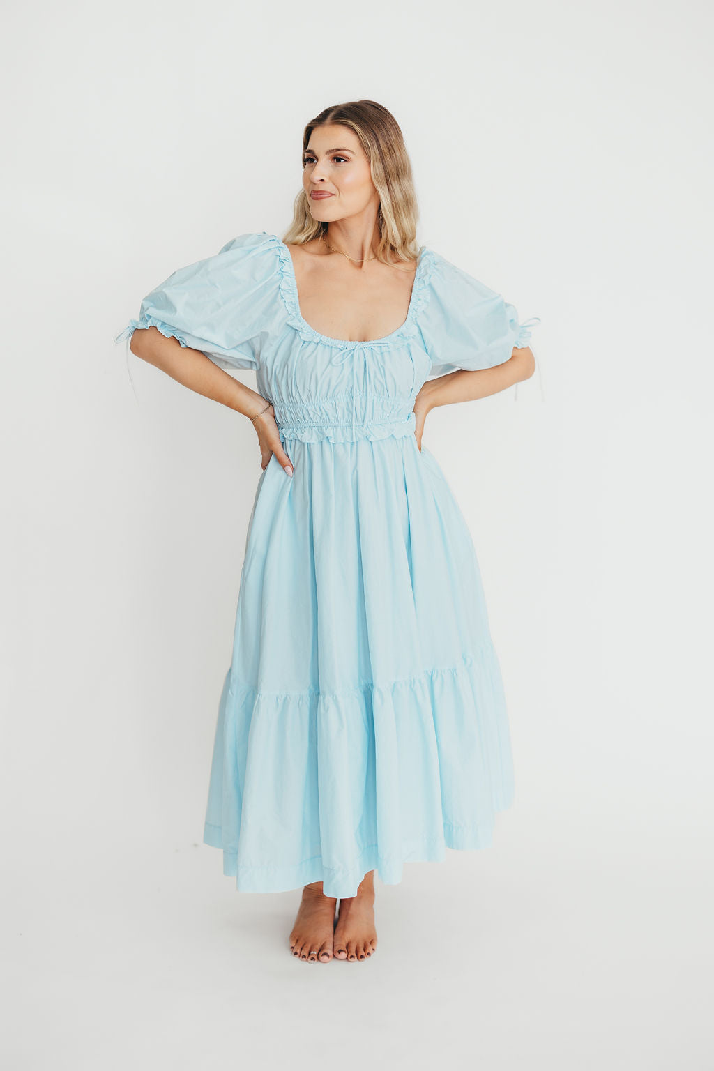 Crissy 100% Cotton Ruched Midi Dress in Baby Blue - Bump Friendly