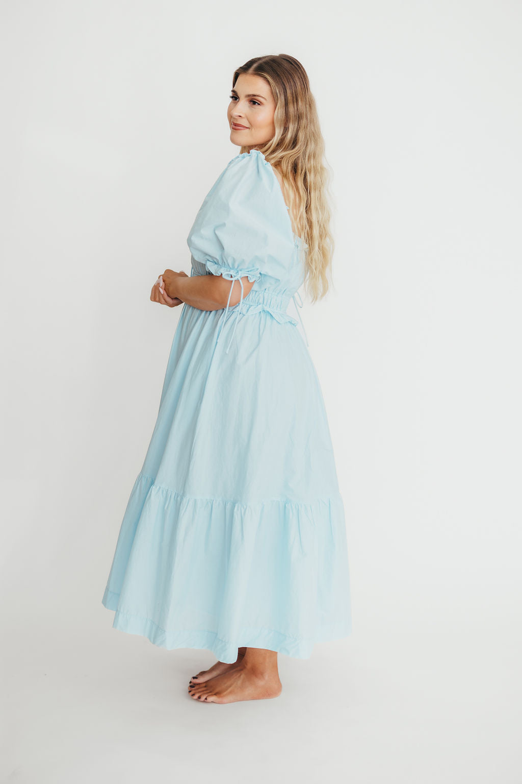 Crissy 100% Cotton Ruched Midi Dress in Baby Blue - Bump Friendly