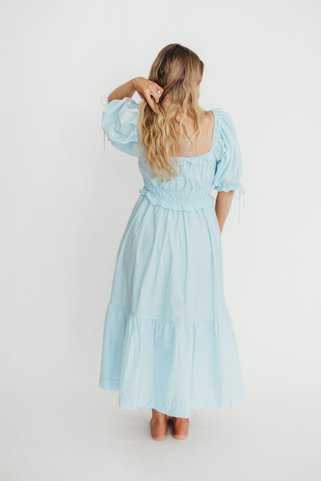 Crissy 100% Cotton Ruched Midi Dress in Baby Blue - Bump Friendly