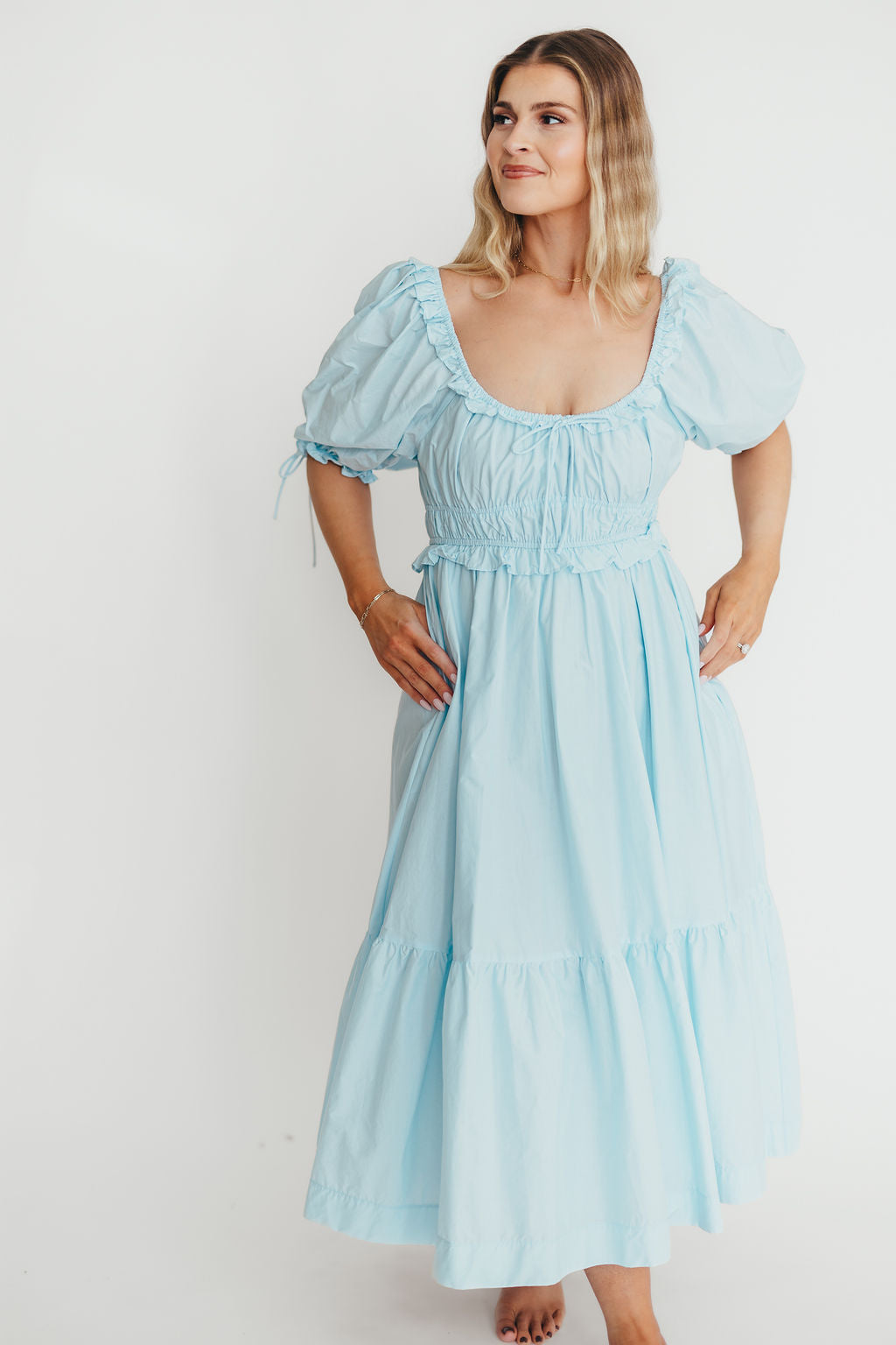 Crissy 100% Cotton Ruched Midi Dress in Baby Blue - Bump Friendly