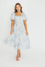 Elena Floral Print Smocked Midi Dress in Blue - Bump Friendly & Inclusive Sizing