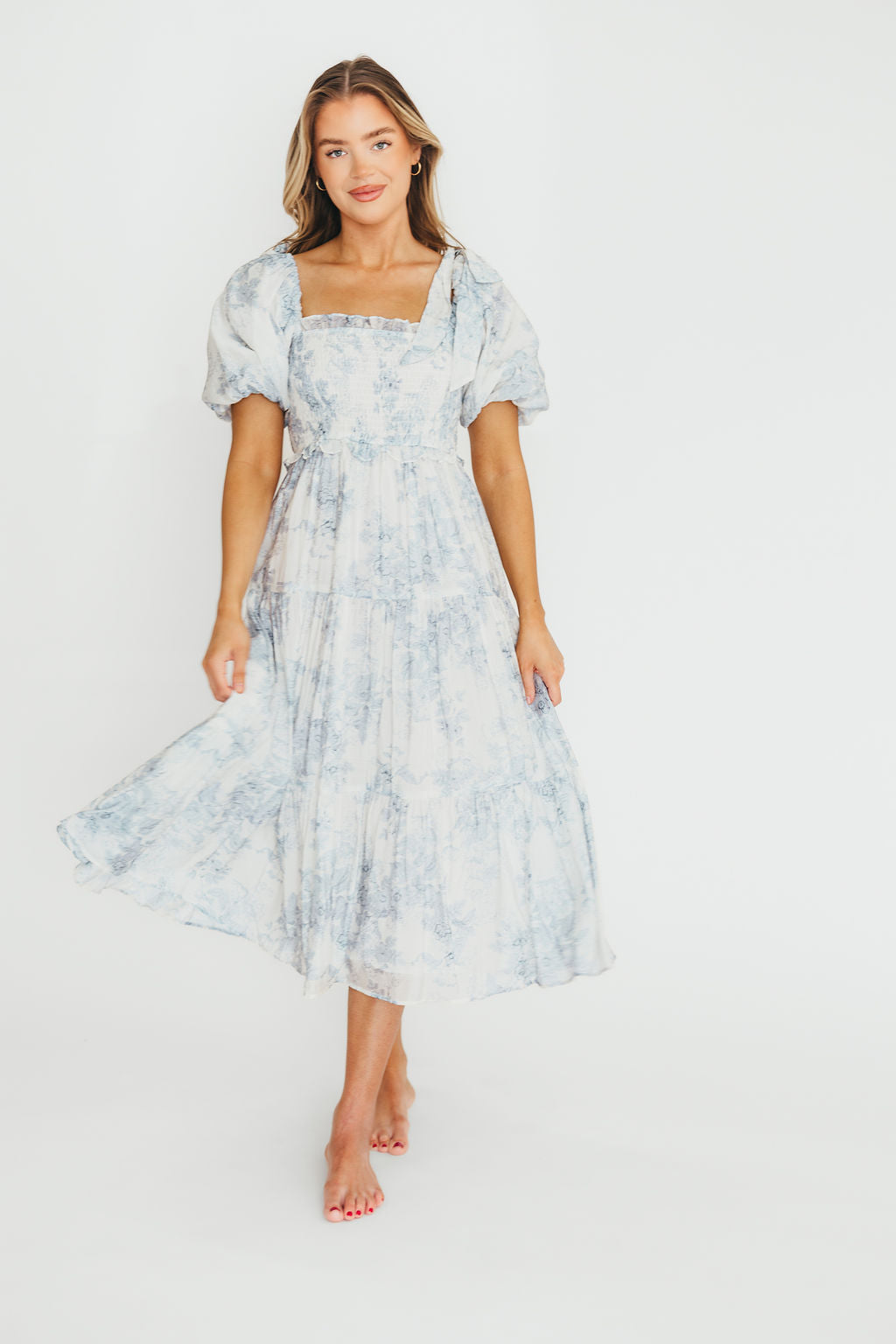 Elena Floral Print Smocked Midi Dress in Blue - Bump Friendly & Inclusive Sizing