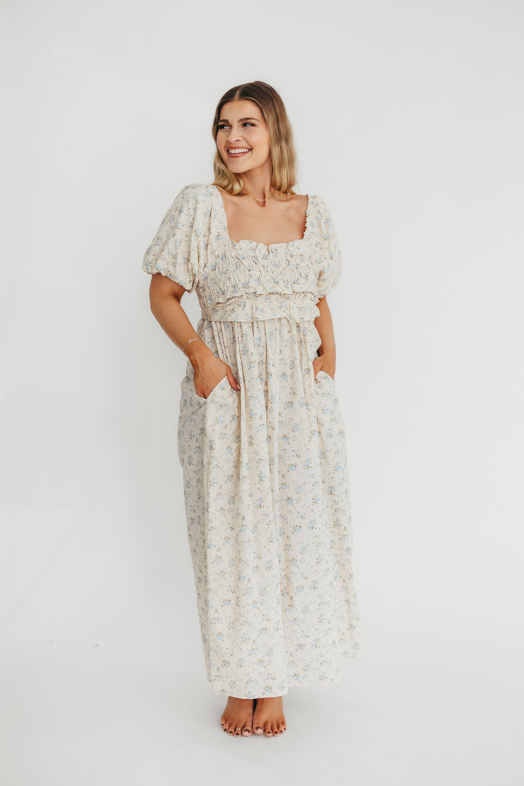 Finley 100% Cotton Peplum Midi Dress in Ivory/Blue - Bump & Nursing Friendly