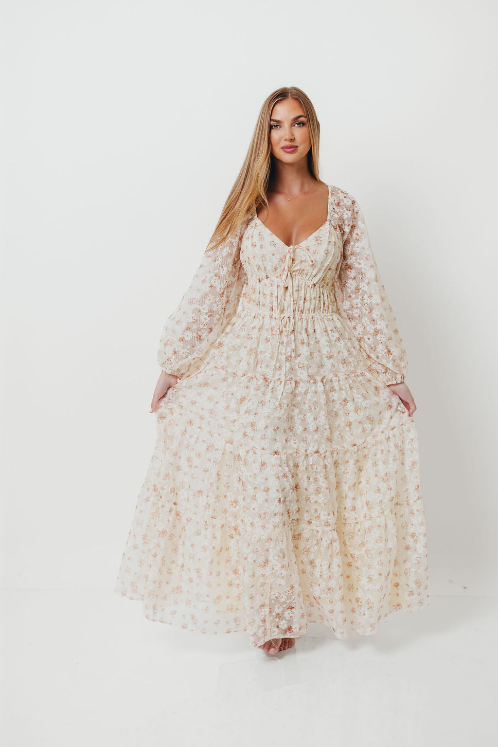Macklynn V-Neck Long Sleeve Tier Maxi Dress in Cream/Orange Floral