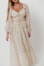Macklynn V-Neck Long Sleeve Tier Maxi Dress in Cream/Orange Floral