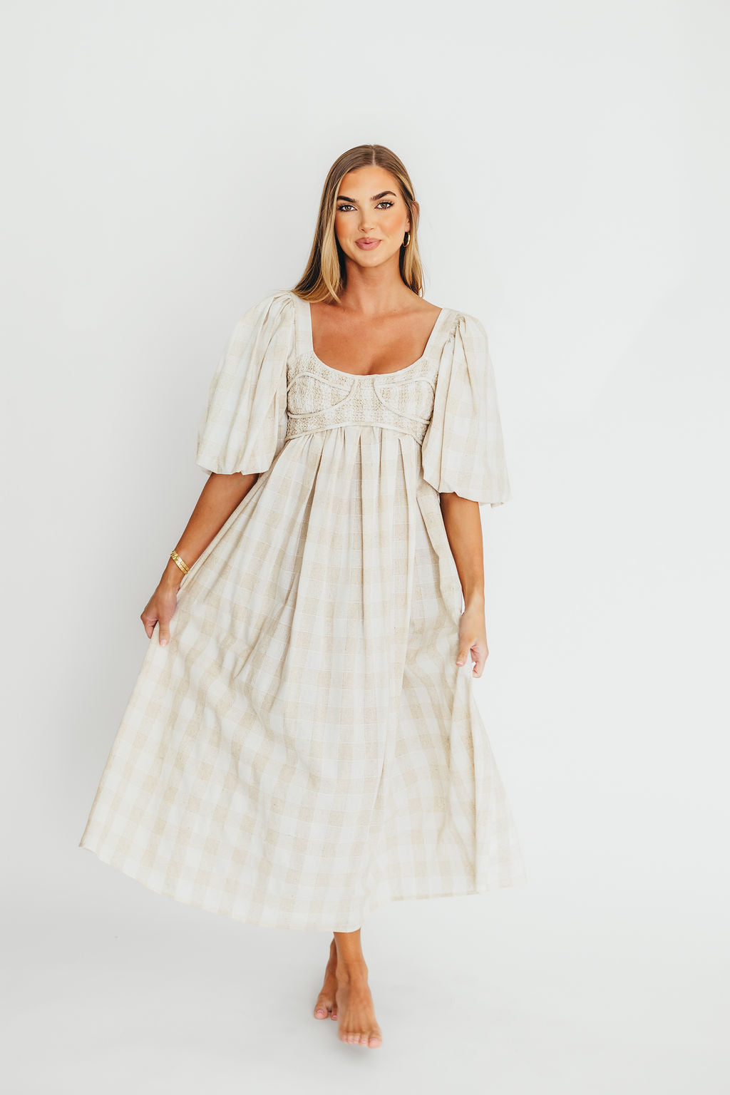 Harlow Maxi Dress in Natural Plaid - Bump Friendly