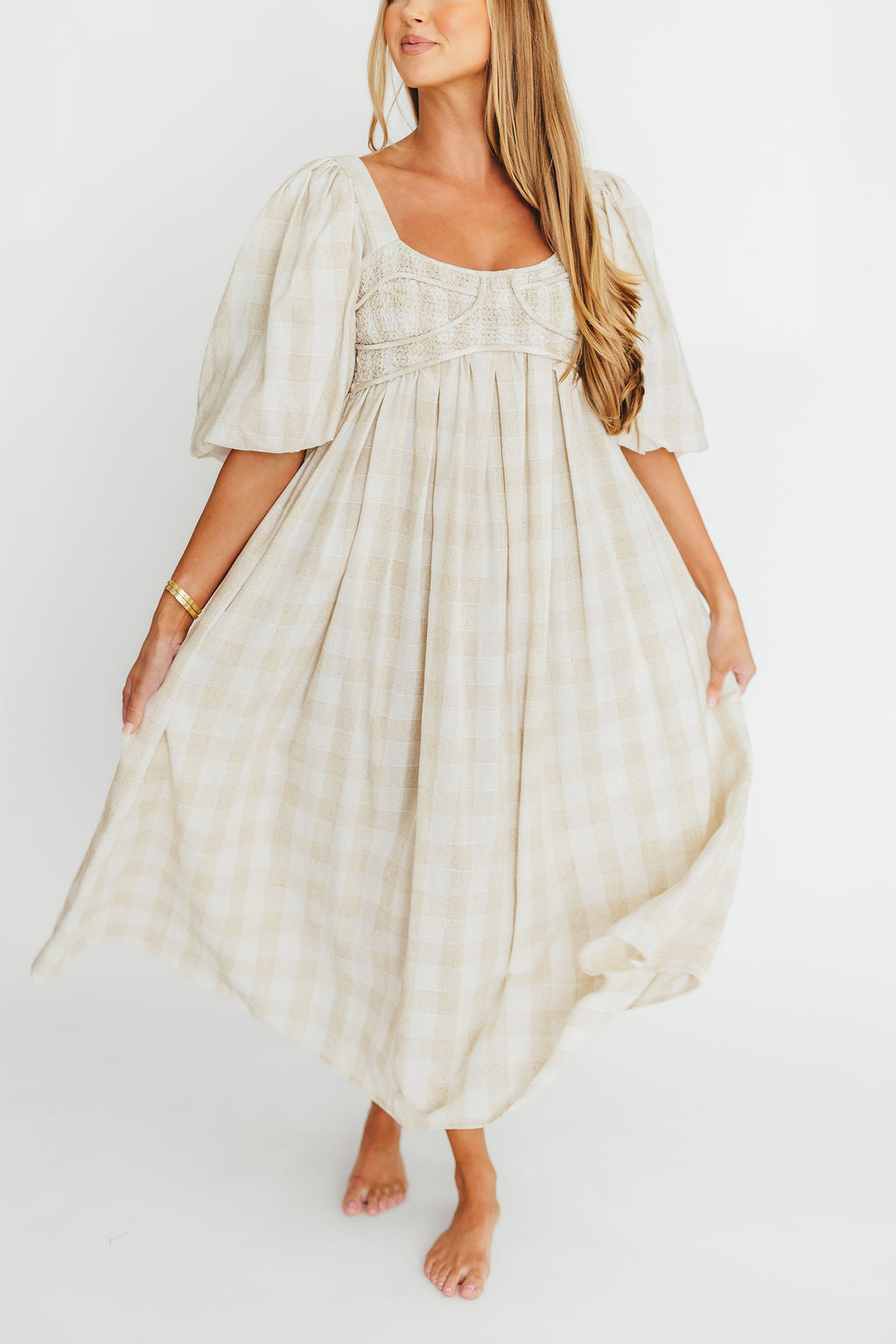 Harlow Maxi Dress in Natural Plaid - Bump Friendly