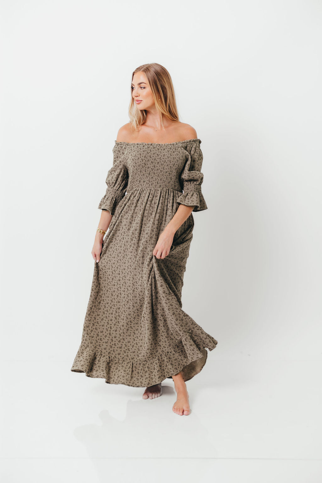 Sienna 100% Cotton Puff Sleeve Maxi Dress in Olive Foliage - Bump Friendly