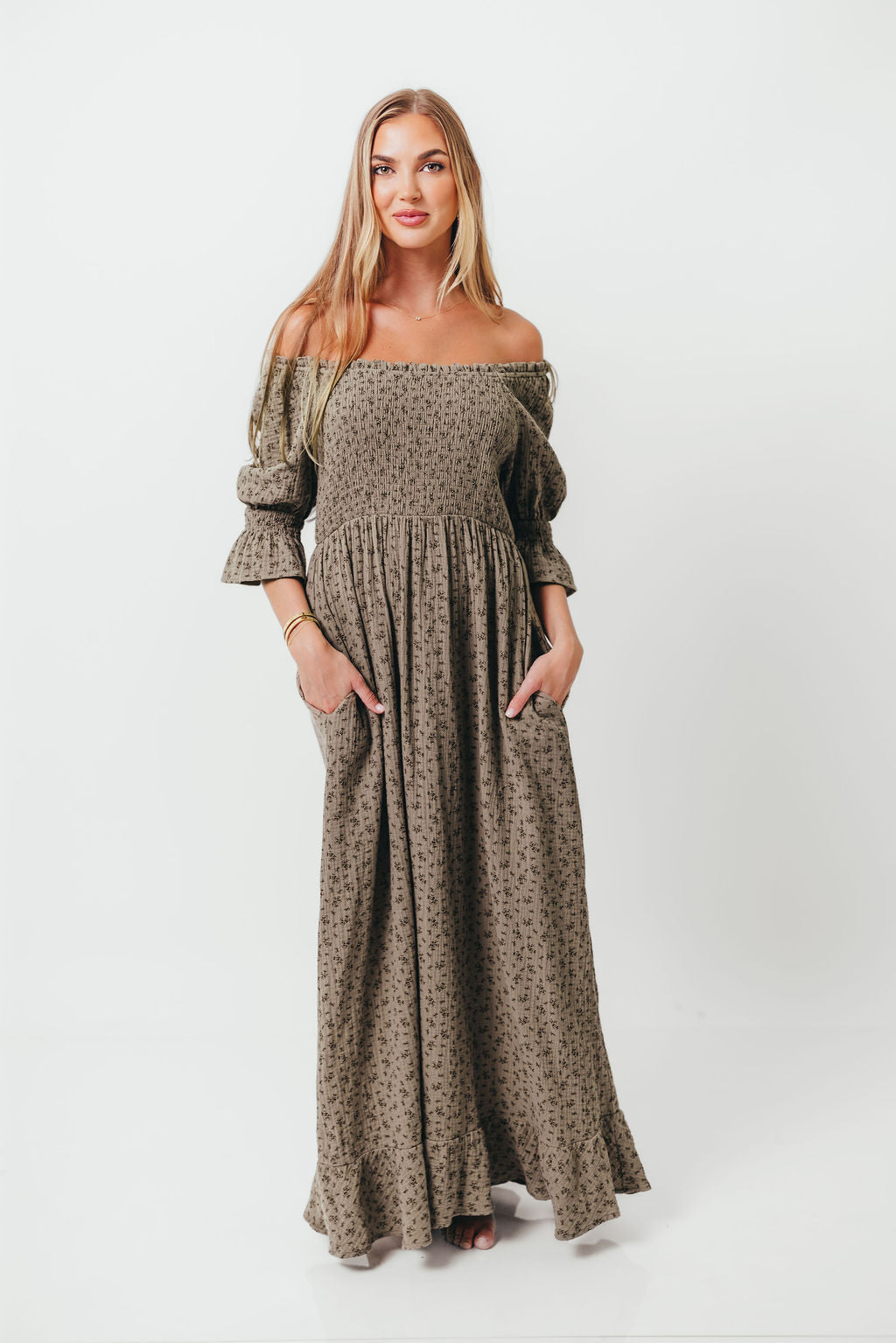 Sienna 100% Cotton Puff Sleeve Maxi Dress in Olive Foliage - Bump Friendly