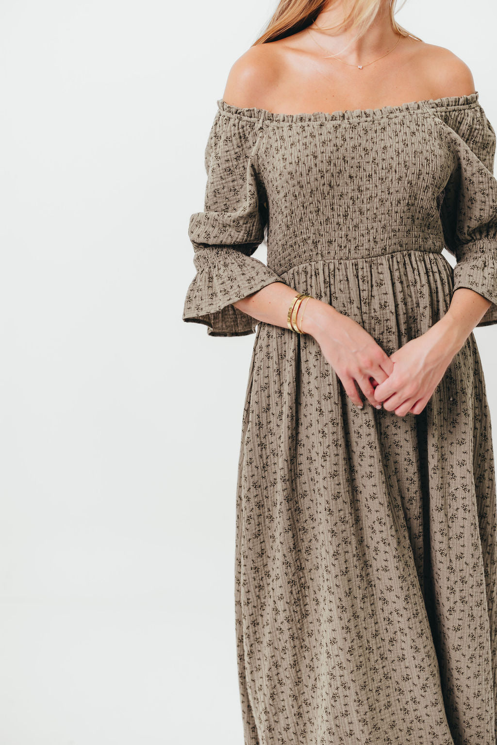 Sienna 100% Cotton Puff Sleeve Maxi Dress in Olive Foliage - Bump Friendly