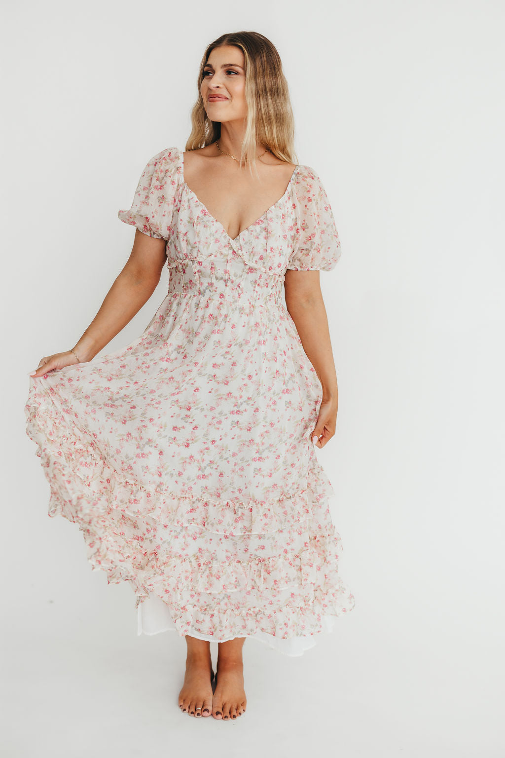 Danielle Corset Maxi Dress in White/Pink Floral *Final-Sale*