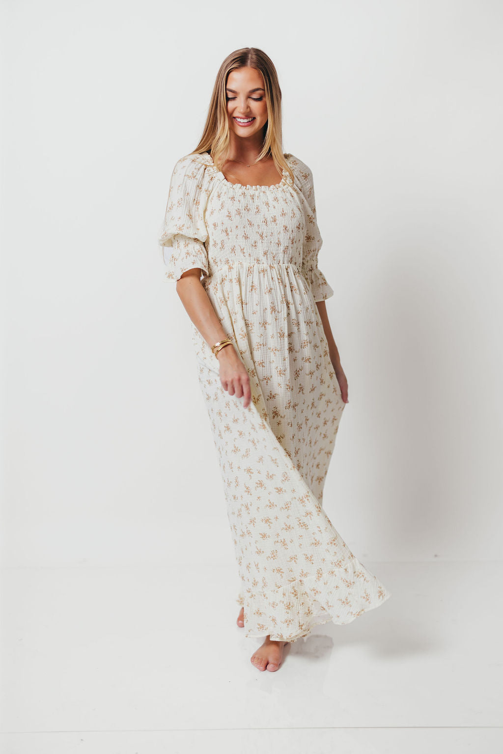 Sienna 100% Cotton Puff Sleeve Maxi Dress in Cream - Bump Friendly