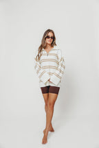 Jo Striped Knit Quarter-Zip Sweater in Cream