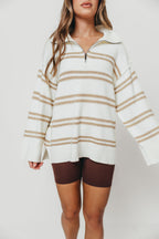 Jo Striped Knit Quarter-Zip Sweater in Cream