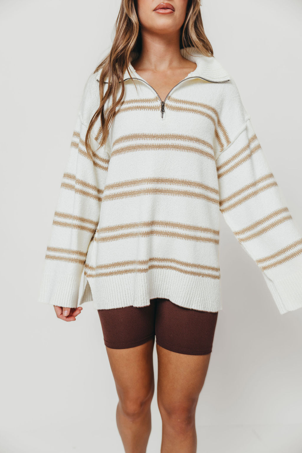 Jo Striped Knit Quarter-Zip Sweater in Cream
