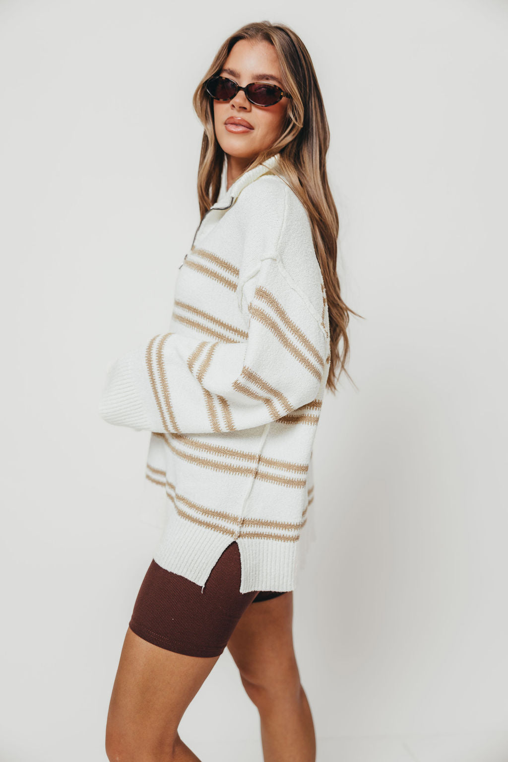 Jo Striped Knit Quarter-Zip Sweater in Cream