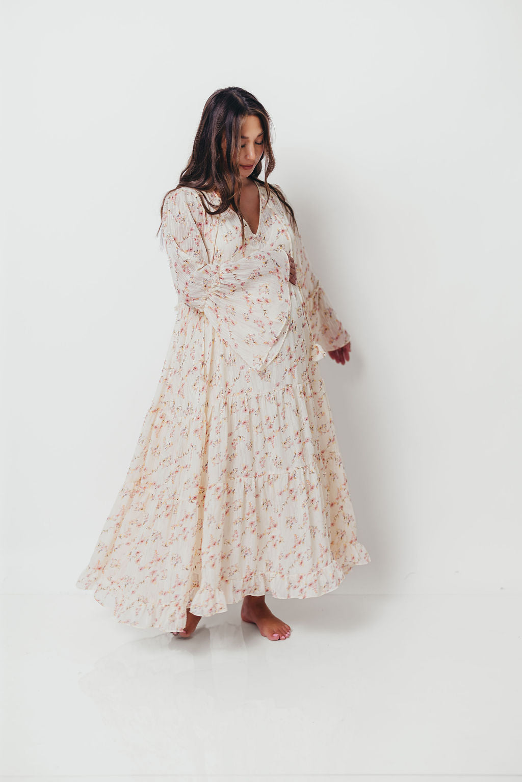 Lisa Woven Floral V-Neck Maxi Dress with Detachable Liner in Cream Multi - Bump Friendly